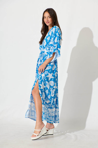 Break Free Maxi Dress In Blue and White Shell Print