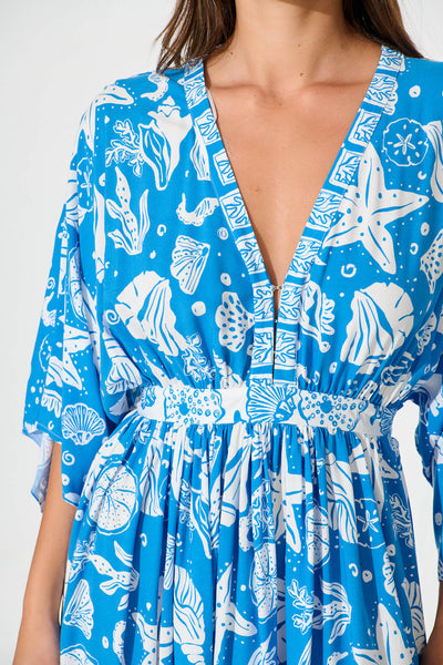Break Free Maxi Dress In Blue and White Shell Print