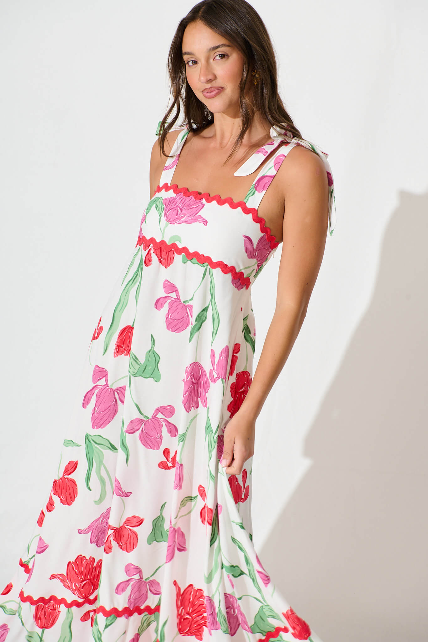 Somerset Maxi Dress in White with Red and Purple Flower