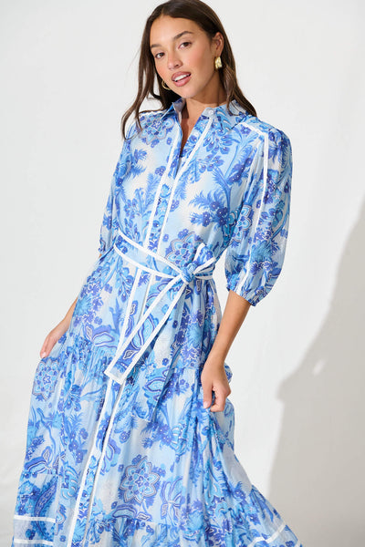 Dion Maxi Shirt Dress In Multi Navy Print
