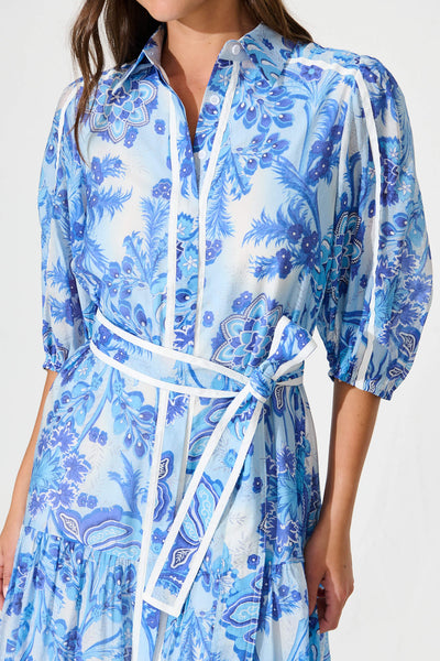 Dion Maxi Shirt Dress In Multi Navy Print