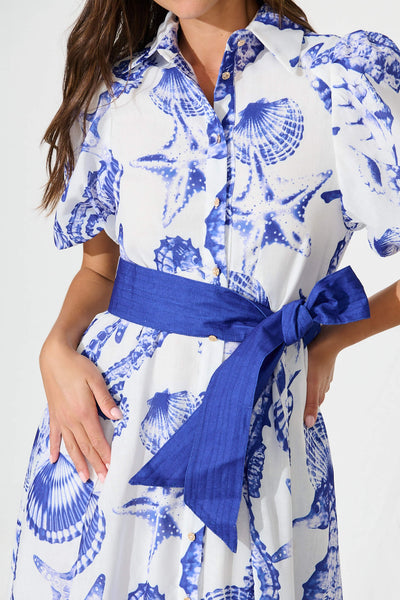 Cacia Maxi Shirt Dress In White With Blue Print Linen Blend