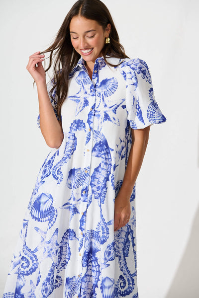 Cacia Maxi Shirt Dress In White With Blue Print Linen Blend