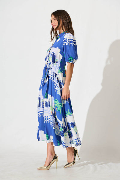 Bella Maxi Shirt Dress in Blue with White Print