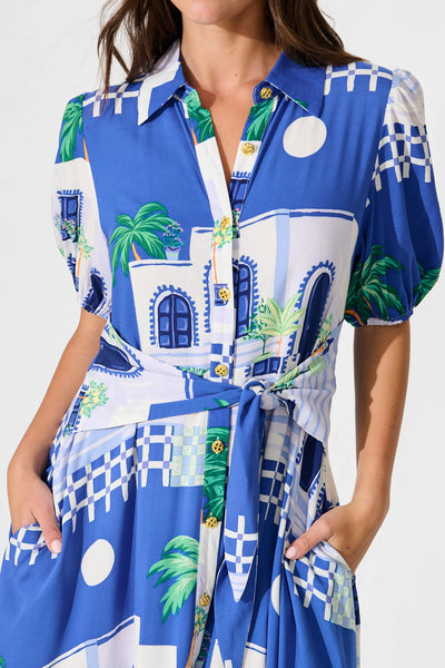 Bella Maxi Shirt Dress in Blue with White Print