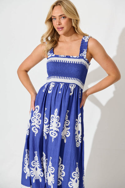 Evanston Maxi Dress In Blue With White Print