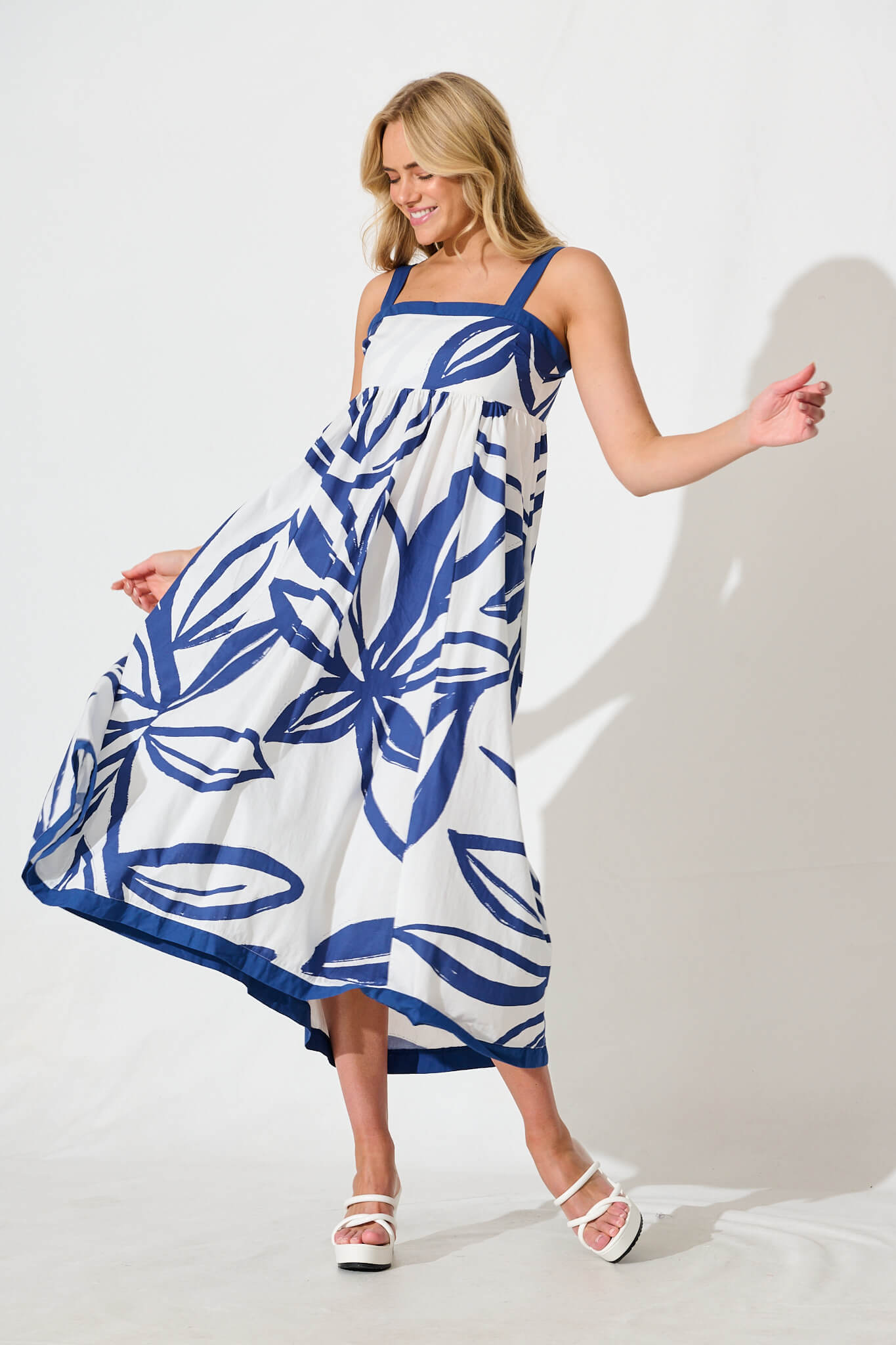 Liandra Maxi Sundress in Blue and White Cotton