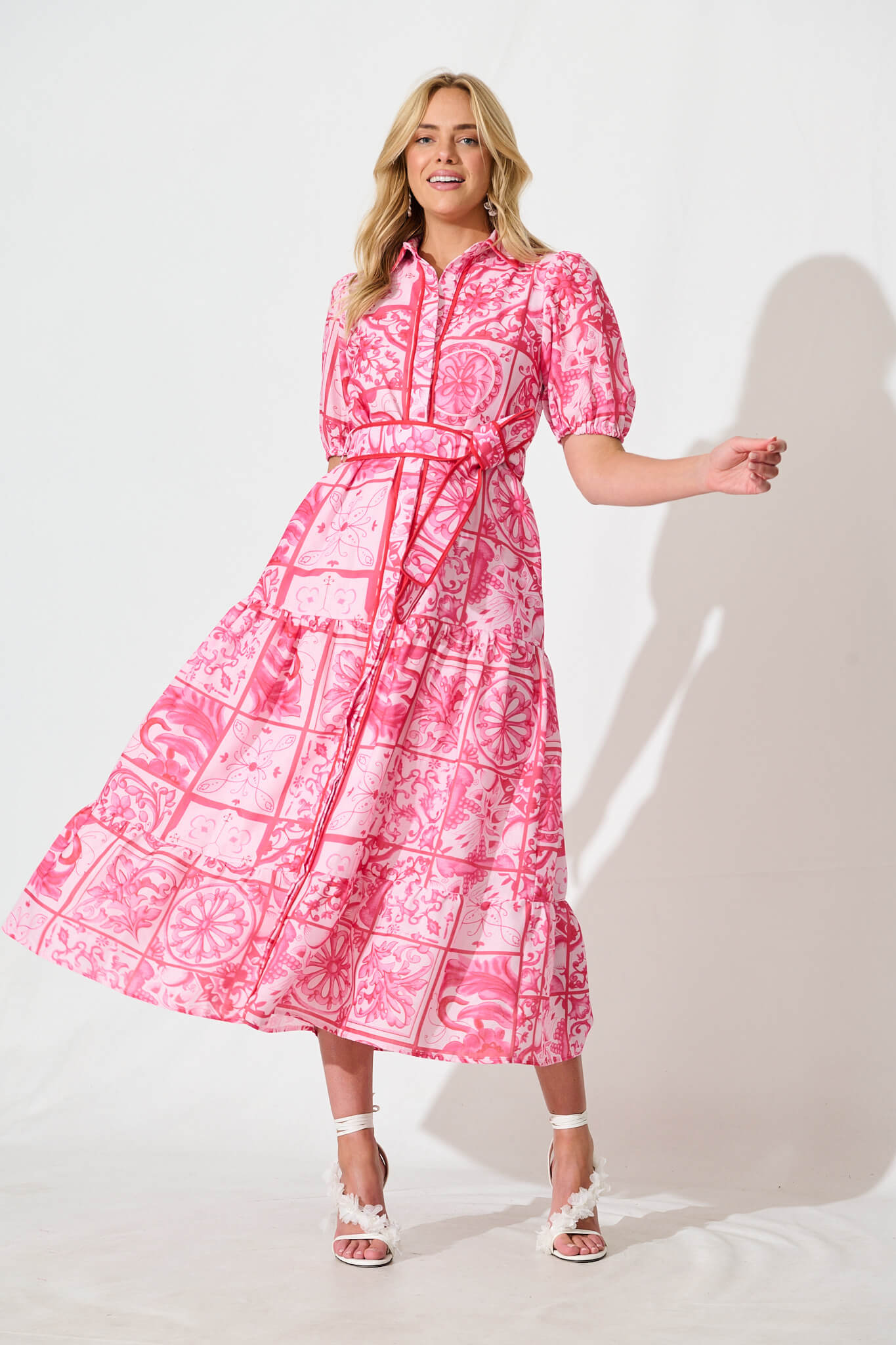 Katharena Maxi Shirt Dress in Pink and Red Tile Print