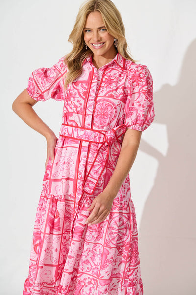 Katharena Maxi Shirt Dress in Pink and Red Tile Print