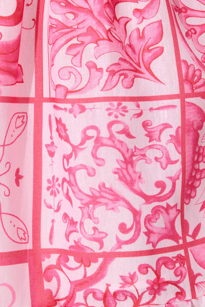 Katharena Maxi Shirt Dress in Pink and Red Tile Print