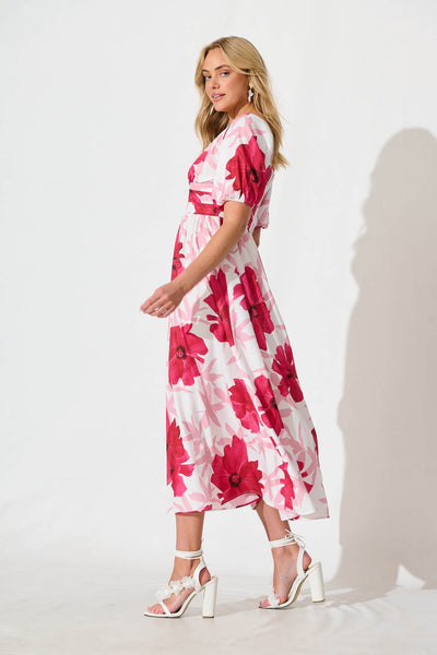 Mel Maxi Dress in White With Pink Flower Print