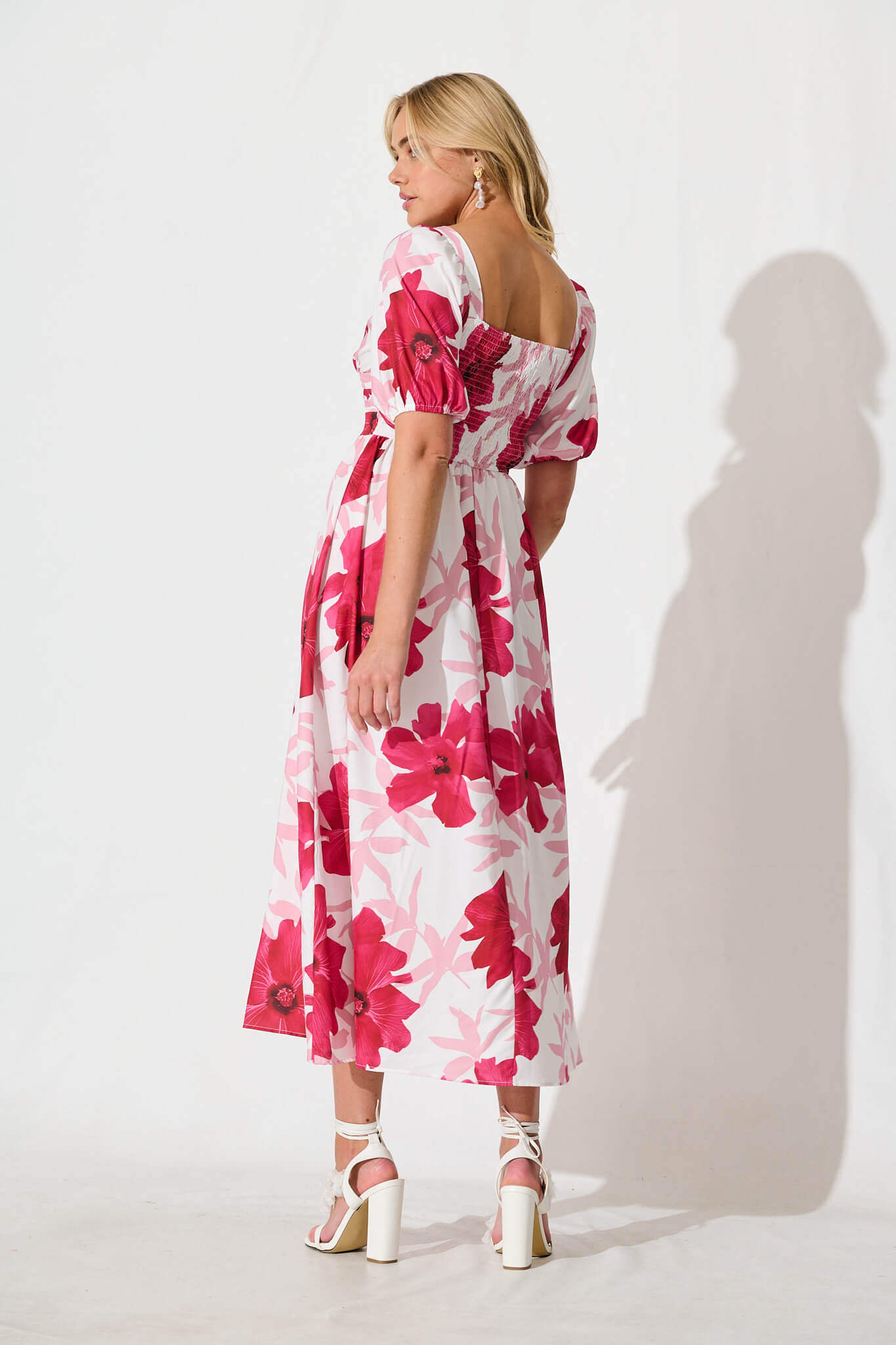 Mel Maxi Dress in White With Pink Flower Print