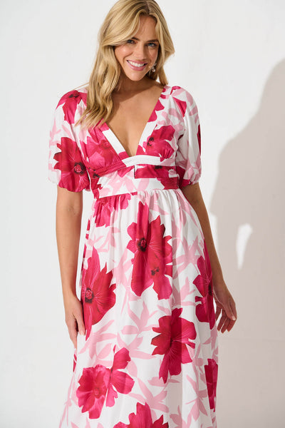 Mel Maxi Dress in White With Pink Flower Print