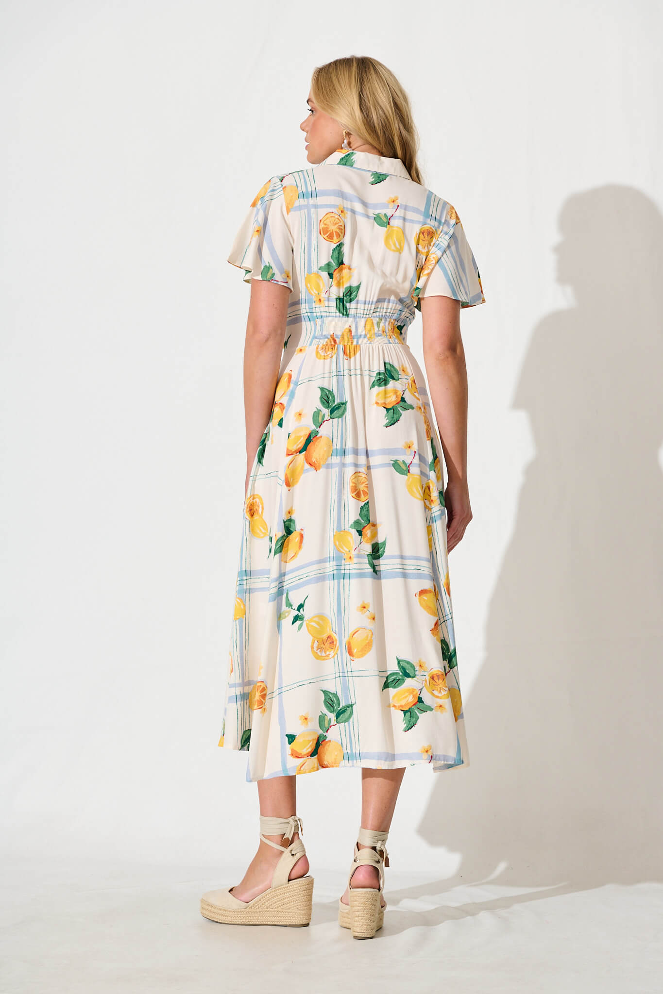 Bellarosa Maxi Shirt Dress in Ivory with Lemon and Blue Print