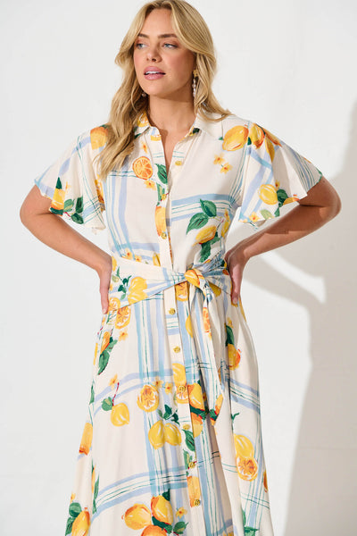 Bellarosa Maxi Shirt Dress in Ivory with Lemon and Blue Print