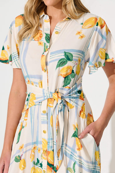 Bellarosa Maxi Shirt Dress in Ivory with Lemon and Blue Print