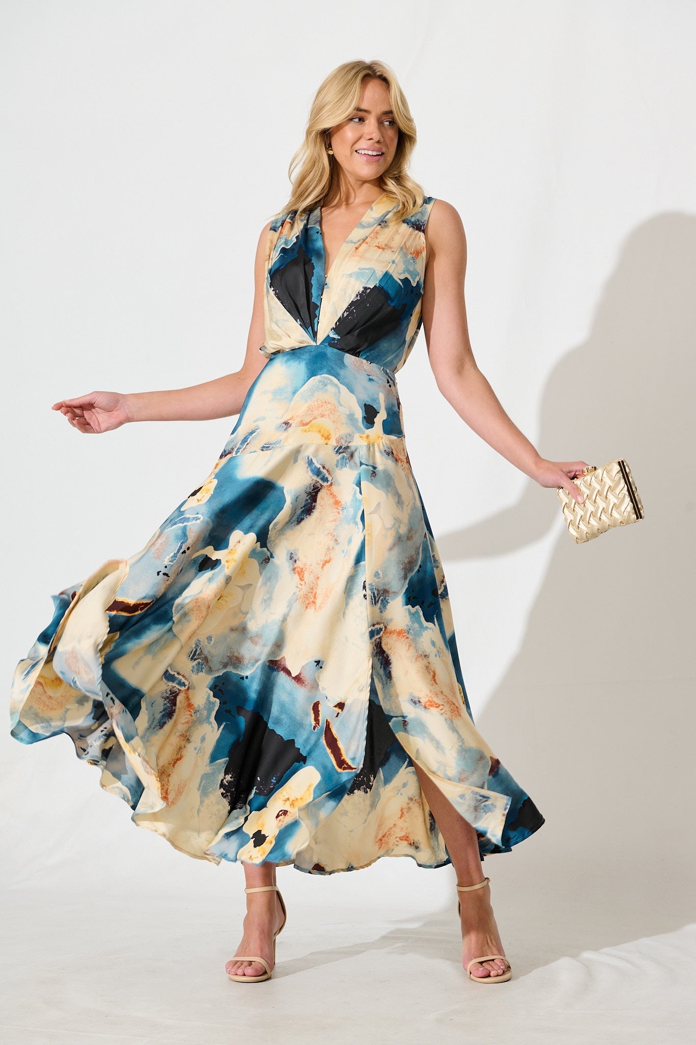 Jenibelle Maxi Dress in Blue And Cream Watercolour Satin