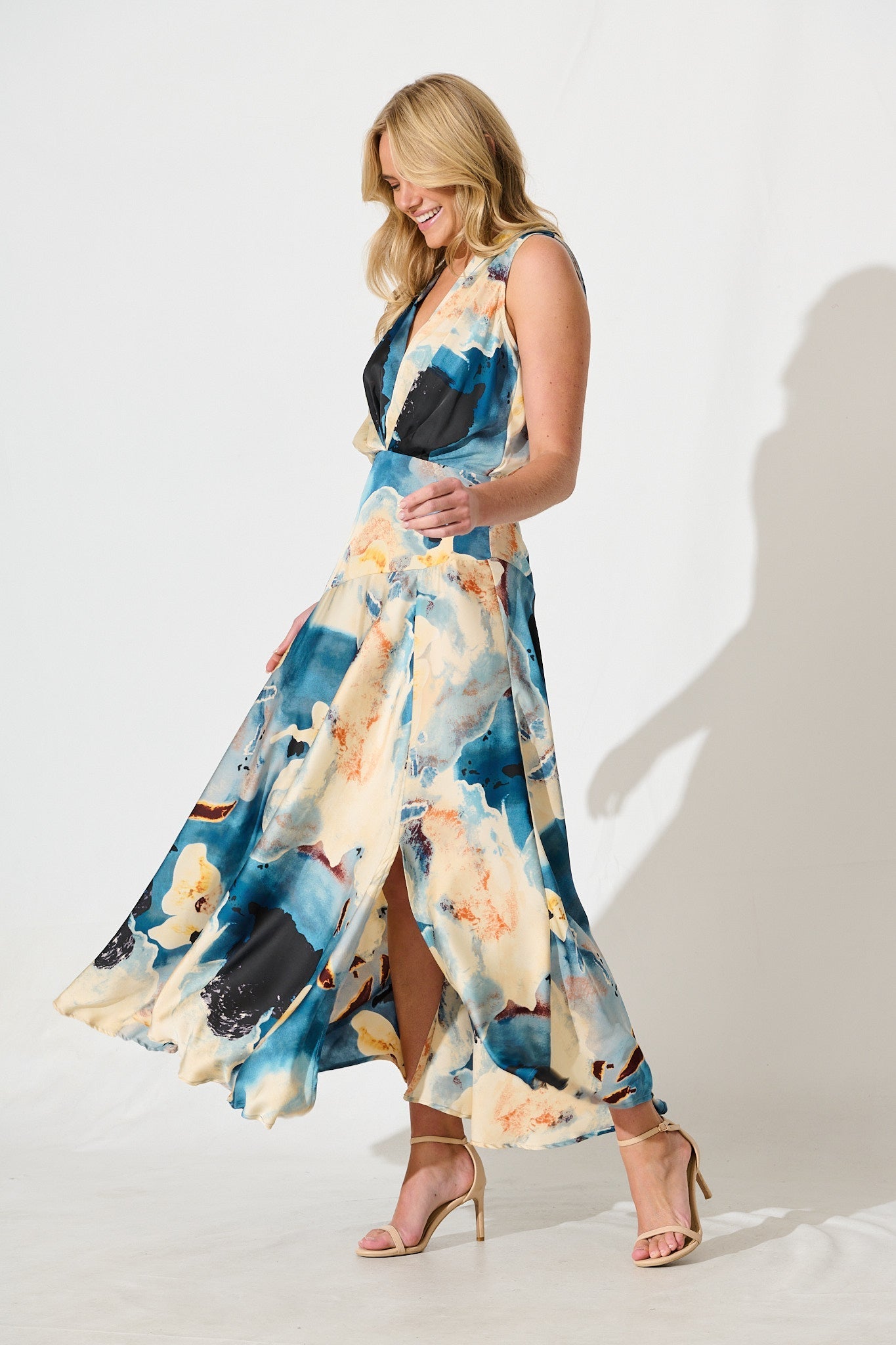 Jenibelle Maxi Dress in Blue And Cream Watercolour Satin