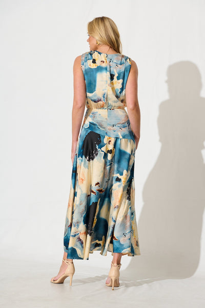Jenibelle Maxi Dress in Blue And Cream Watercolour Satin