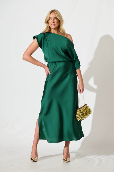 Sarita Maxi Off Shoulder Dress in Emerald Green Satin