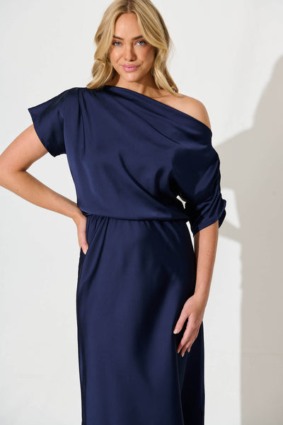 Sarita Maxi Off Shoulder Dress in Navy Satin