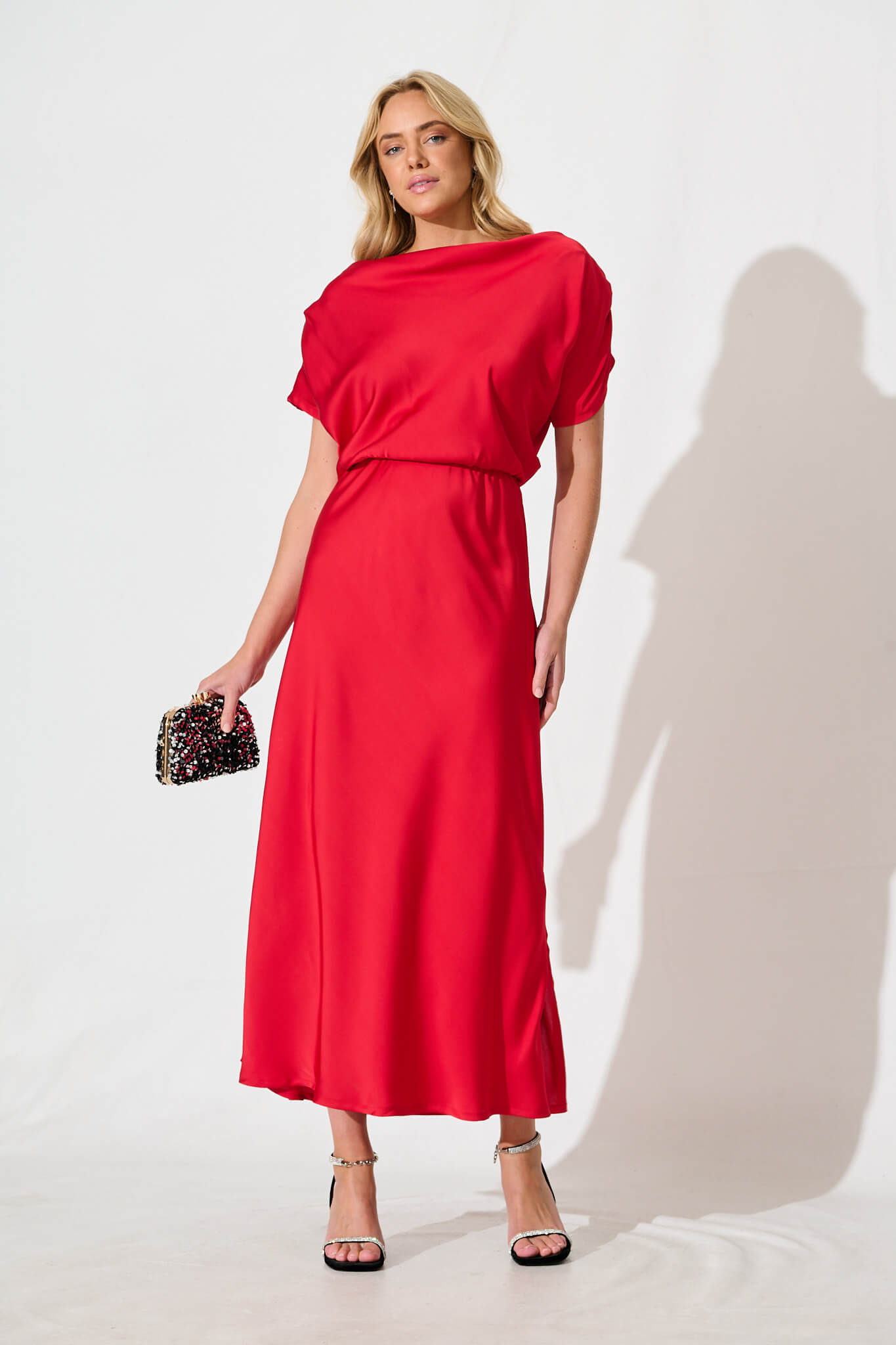 Sarita Maxi Off Shoulder Dress in Red Satin