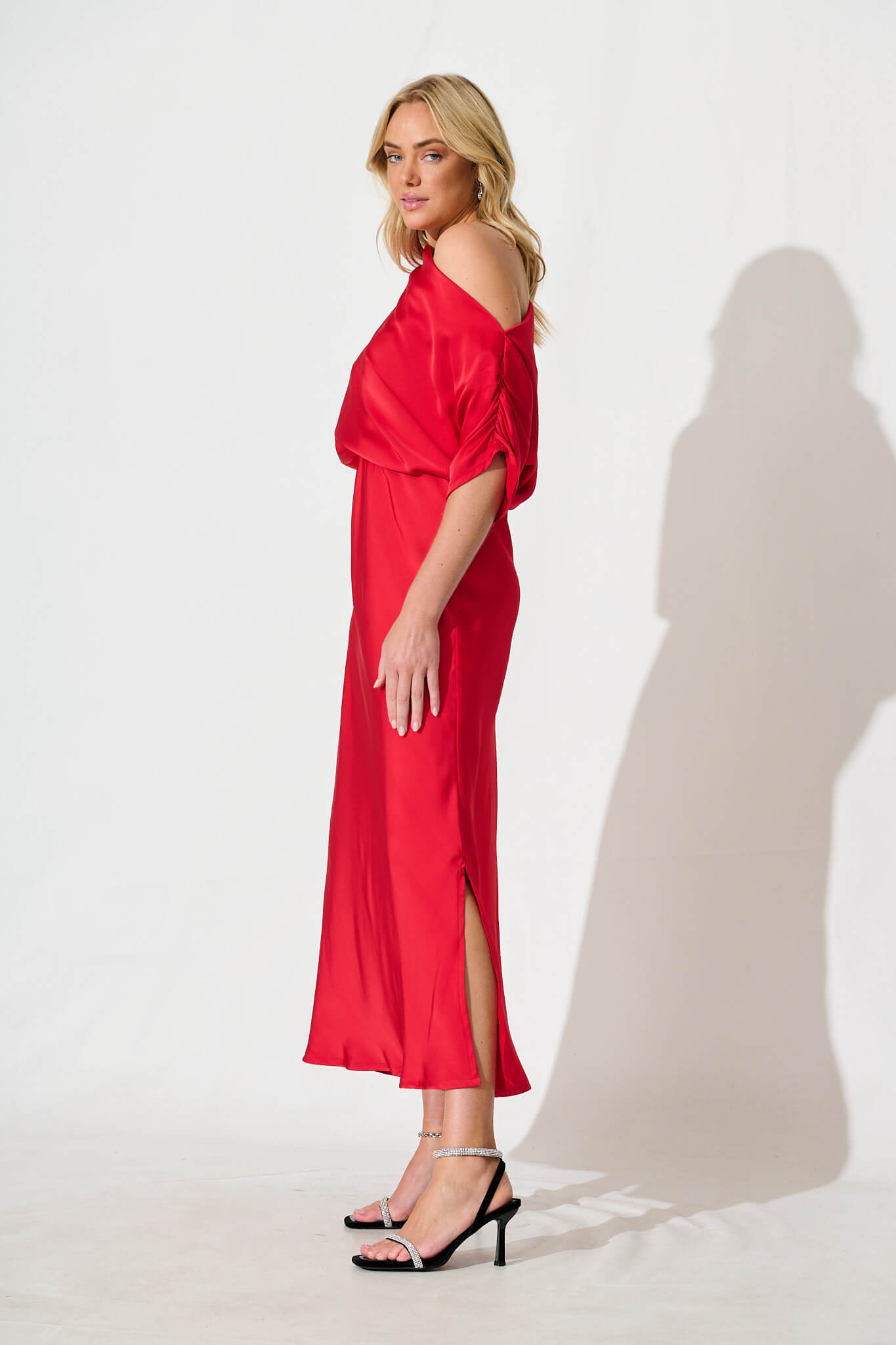 Sarita Maxi Off Shoulder Dress in Red Satin