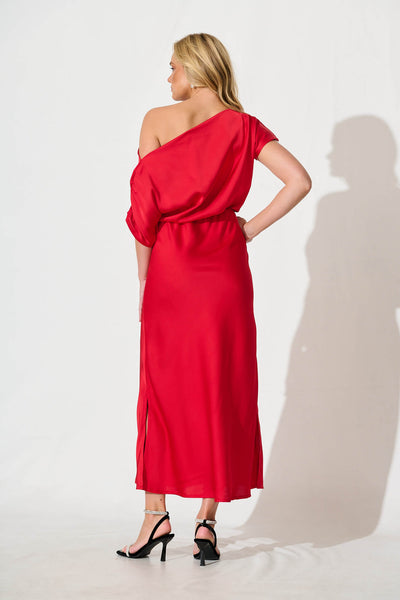 Sarita Maxi Off Shoulder Dress in Red Satin