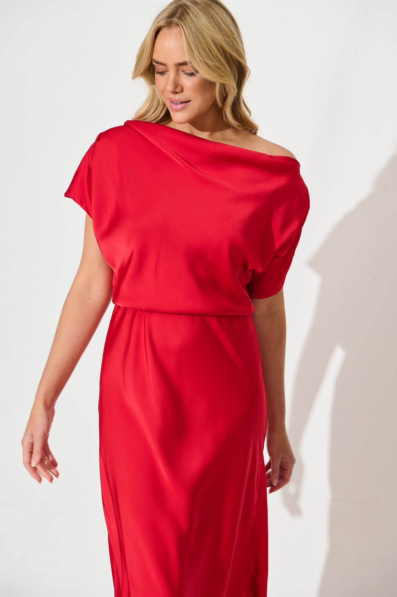 Sarita Maxi Off Shoulder Dress in Red Satin