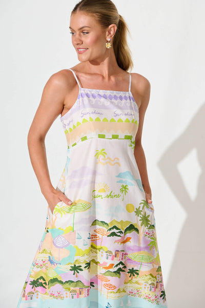 Kailana Maxi Sundress in Tropical Border Print Cotton
