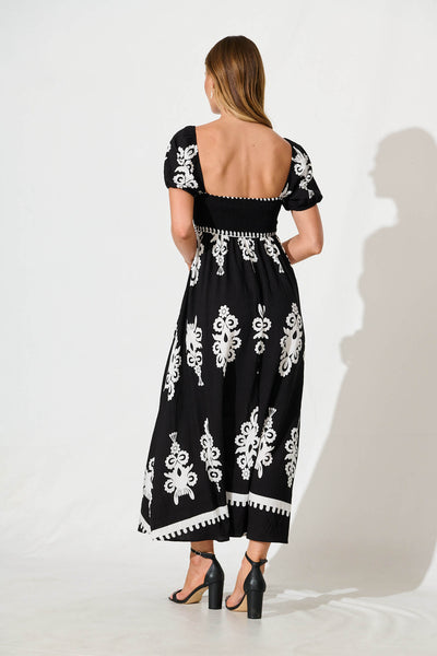 Norvi Maxi Dress in Black with White Print
