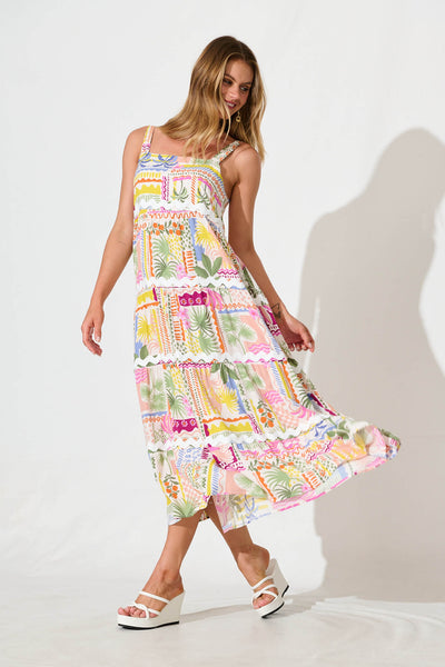 Jolie Maxi Sundress In Multi Palm Print With Ric Rac Trim