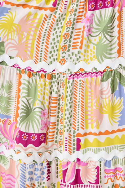 Jolie Maxi Sundress In Multi Palm Print With Ric Rac Trim