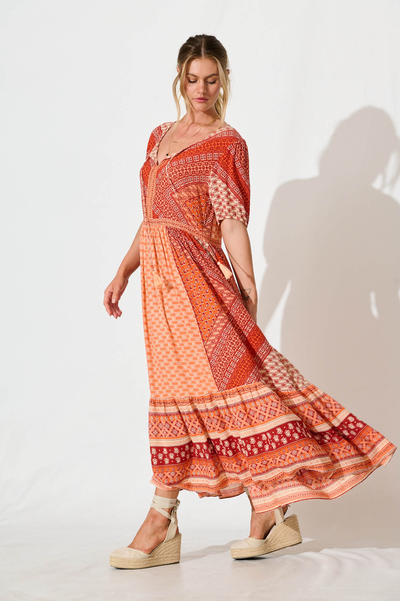 Minara Maxi Dress in Multi Orange Patchwork