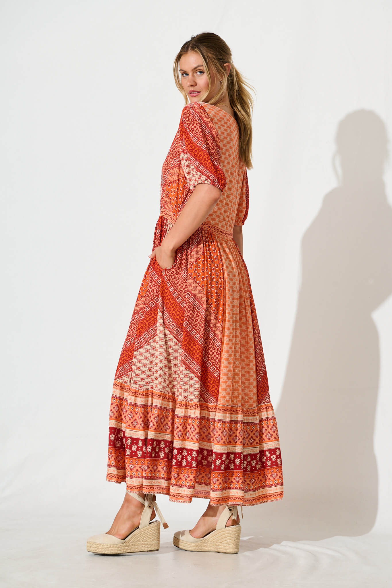 Minara Maxi Dress in Multi Orange Patchwork