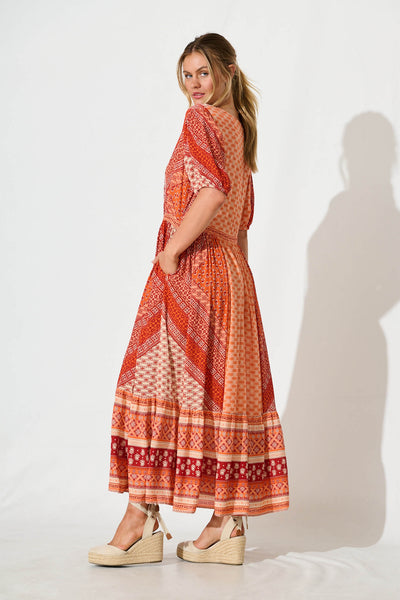 Minara Maxi Dress in Multi Orange Patchwork