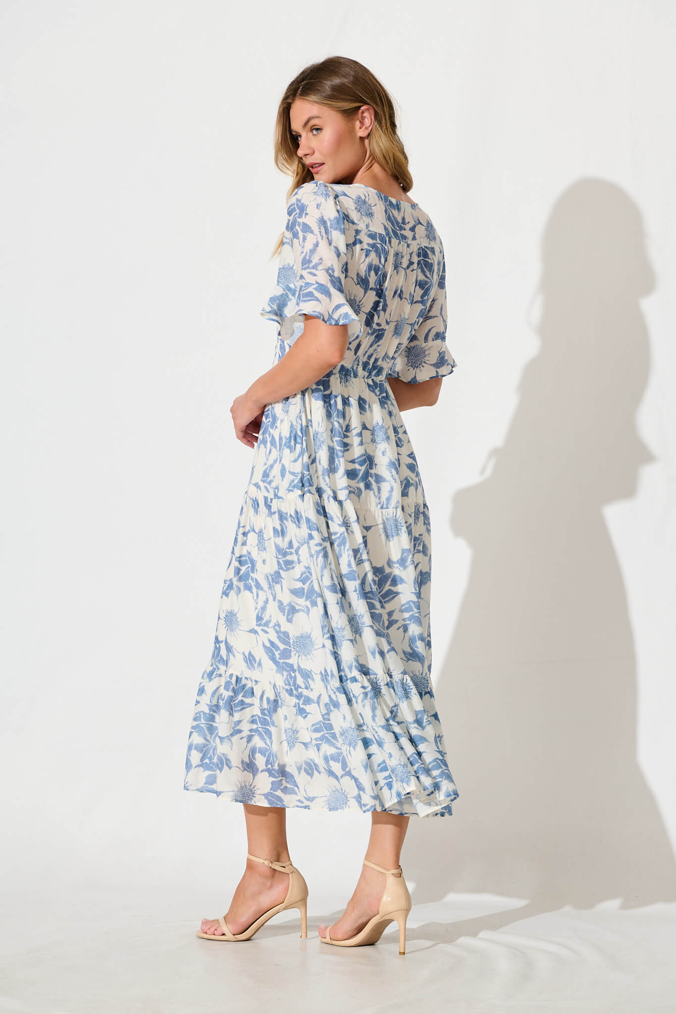 Chavira Maxi Dress in White with Blue Flower