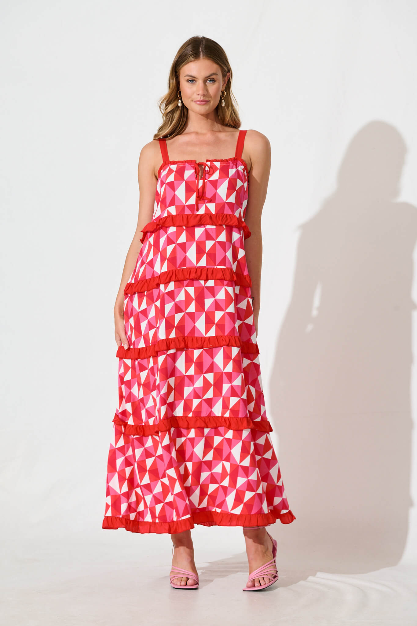Cardelle Maxi Sundress In Pink and Red Geometric