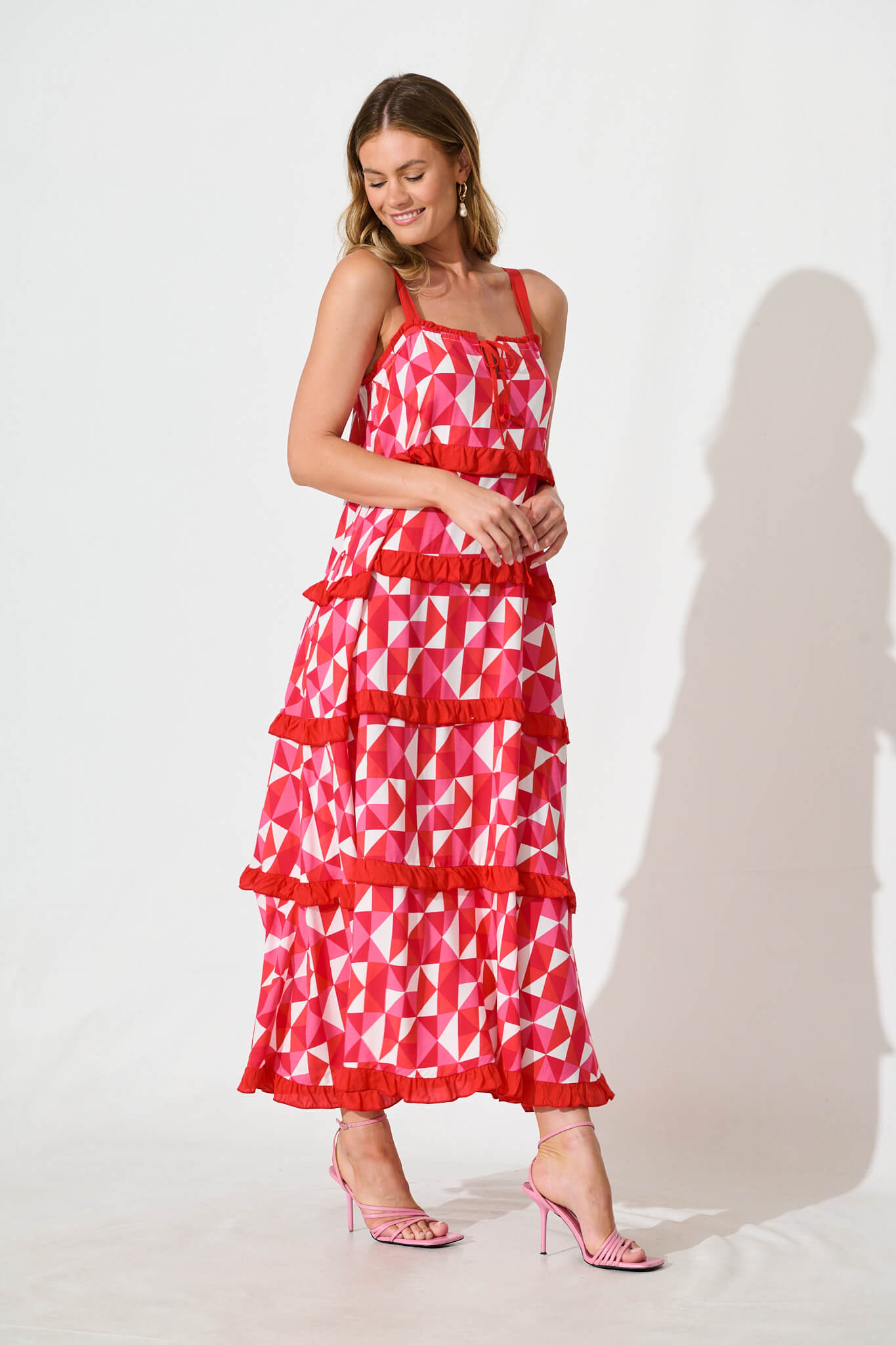 Cardelle Maxi Sundress In Pink and Red Geometric