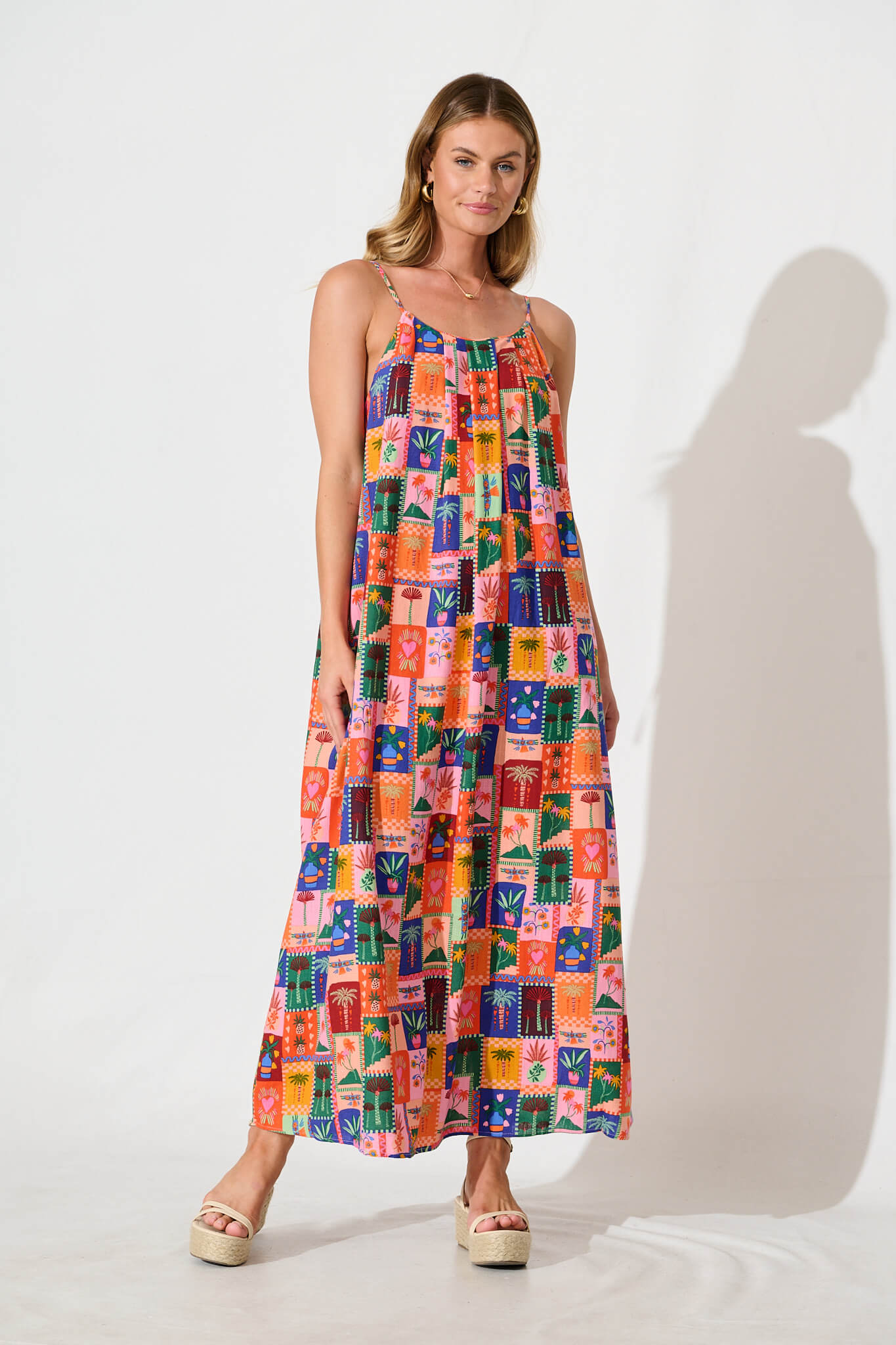 Selerina Maxi Sundress in Bright Multi Palm Linen Blend
