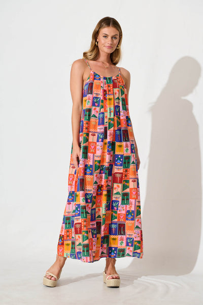 Selerina Maxi Sundress in Bright Multi Palm Linen Blend