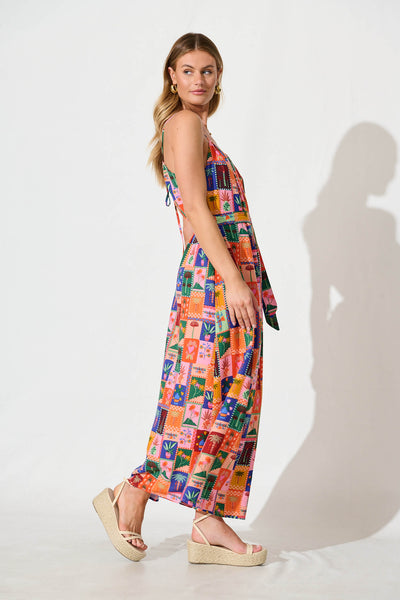 Selerina Maxi Sundress in Bright Multi Palm Linen Blend