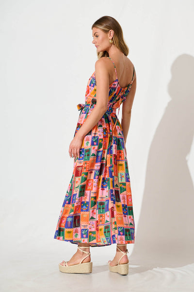 Selerina Maxi Sundress in Bright Multi Palm Linen Blend