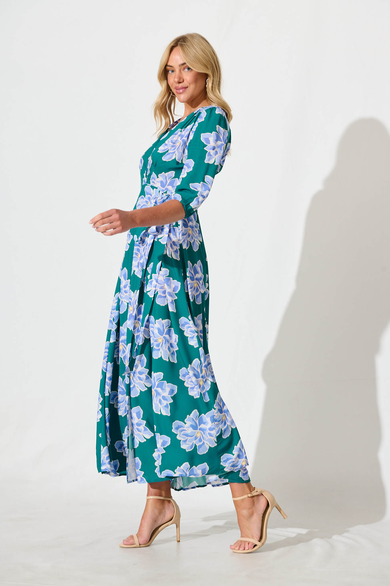 Ronda Maxi Wrap Dress In Emerald With Blue Floral