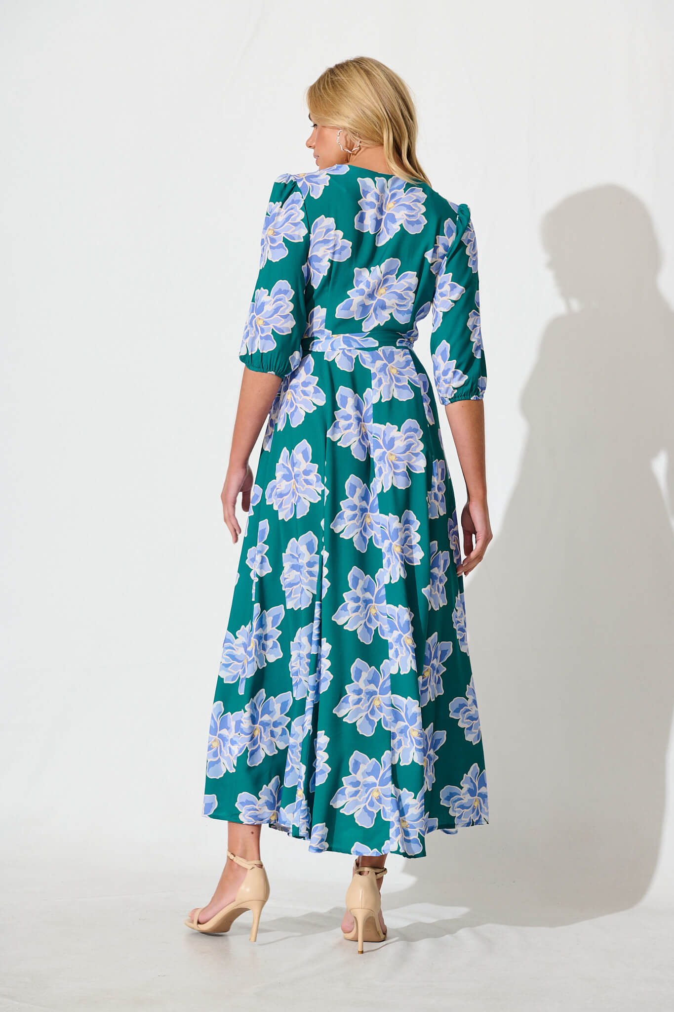 Ronda Maxi Wrap Dress In Emerald With Blue Floral