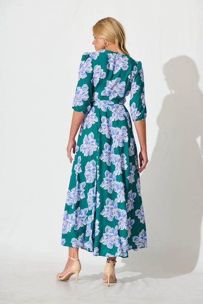 Ronda Maxi Wrap Dress In Emerald With Blue Floral
