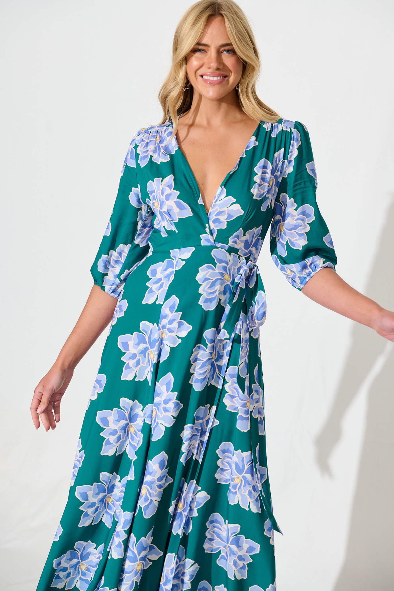 Ronda Maxi Wrap Dress In Emerald With Blue Floral
