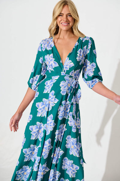 Ronda Maxi Wrap Dress In Emerald With Blue Floral