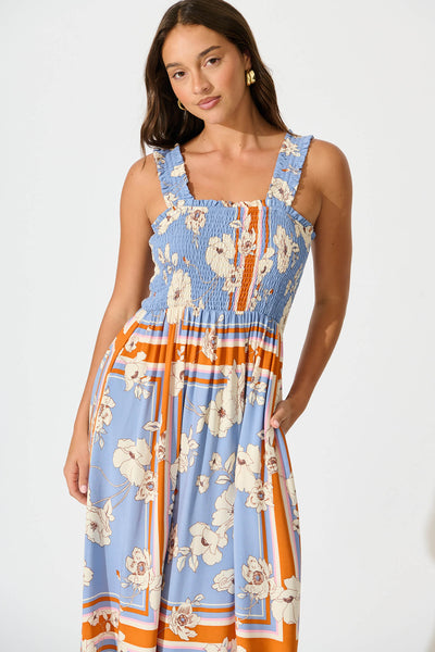 Evanston Maxi Dress In Blue with Cream Flower