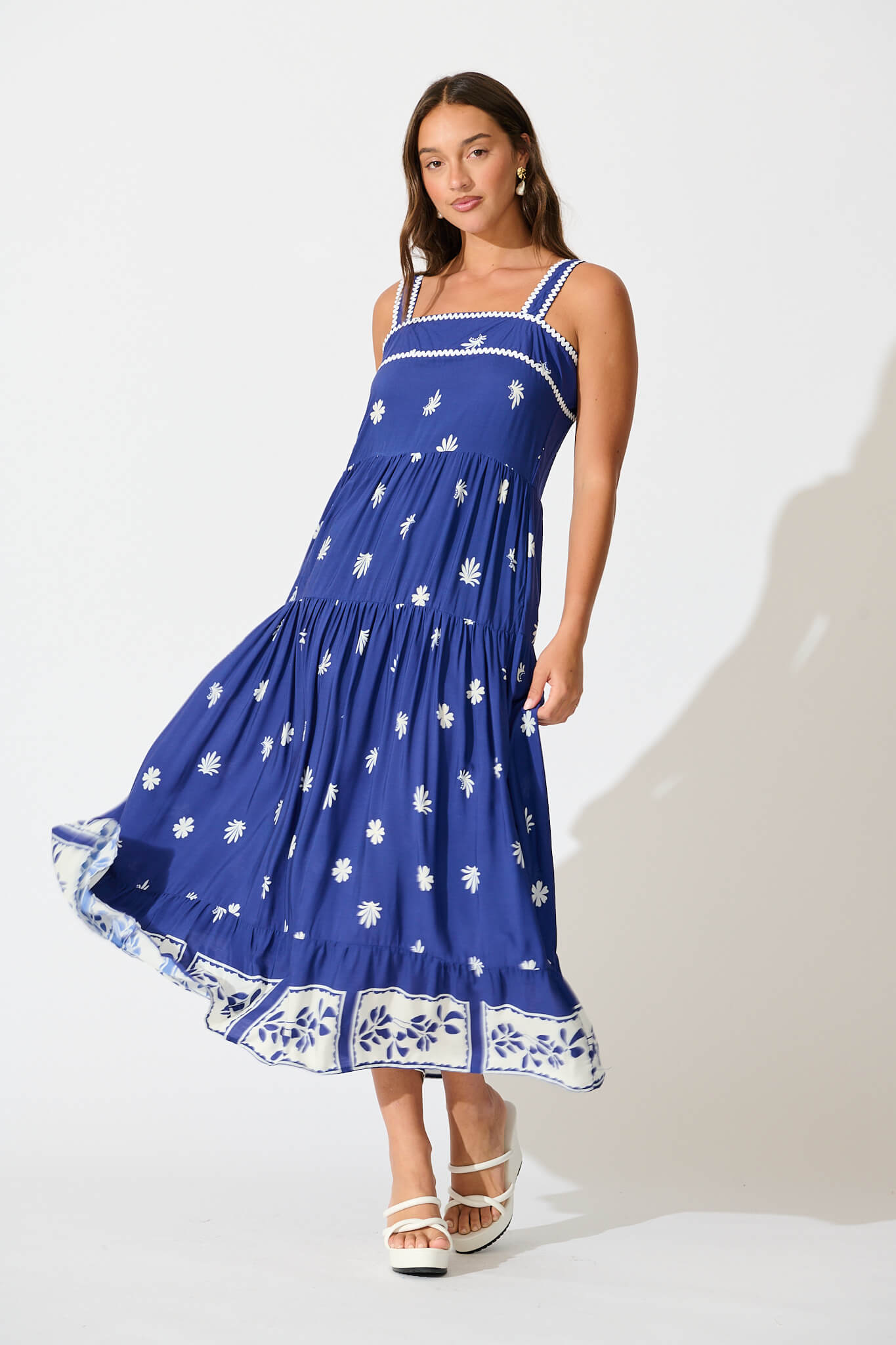 Adler Maxi Sundress in Blue with White Border Print Ric Rac